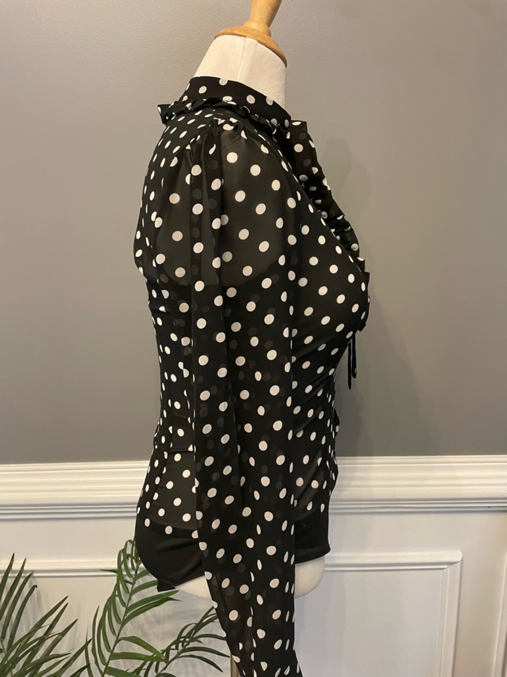 Fashion Nova Black and White Polka Dot Ruffle Tie-Neck Blouse - Picture 2 of 13